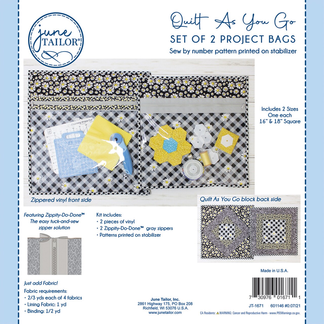June Tailor Quilt As You Go Project Bag Kit-Gray Zippity-Do-Done(Tm)